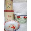 Image 4 : Kitchen wear - 2 tins, bowl, plate, sifter, kettle