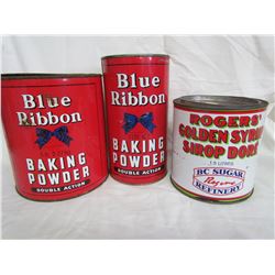 2 Blue Ribbon tins, 1 Roger's Golden Syrup tin