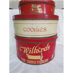 3 Round tins - Willard's, Riley's toffee, cookie tin