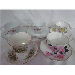 5 Teacups with saucers - Flower Garden & Phoenix Bone China