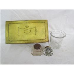 Tin box with ink container, glass door knob & cup