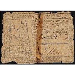1770's Virginia $2/3 Colonial Currency Note 'Death to Counterfeit'
