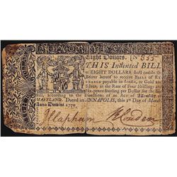 March 1, 1770 Maryland $8 Colonial Currency Note