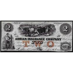 1800s $2 Adrian Insurance Company Obsolete Note