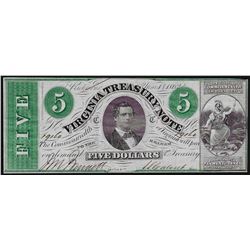 1862 $5 Virginia Treasury Note Obsolete