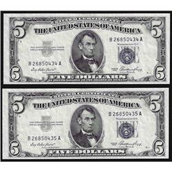 Lot of (2) Consecutive 1953 $5 Silver Certificate Notes Choice Uncirculated