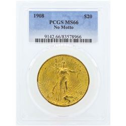 1908 No Motto $20 St. Gaudens Double Eagle Gold Coin PCGS MS66