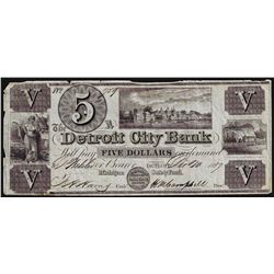 1837 $5 The Detroit City Bank Obsolete Bank Note