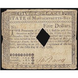 May 5, 1780 State of Massachusetts $5 Colonial Currency Note