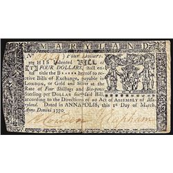 March 1, 1770 Maryland $4 Colonial Currency Note