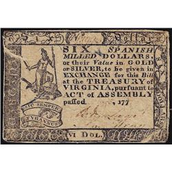 May 5, 1777 Virginia $6 Colonial Currency Note