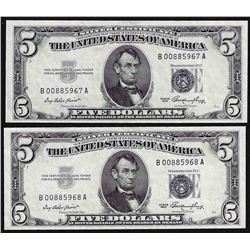 Lot of (2) Consecutive 1953 $5 Silver Certificate Notes Choice Uncirculated