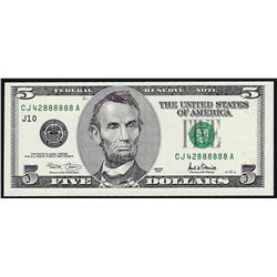 2001 $5 Federal Reserve Note Fancy Serial Number Choice Uncirculated