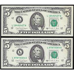 Lot of (2) 1988A $5 Federal Reserve Notes Choice Uncirculated