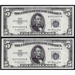 Lot of (2) Consecutive 1953 $5 Silver Certificate Notes Choice Uncirculated