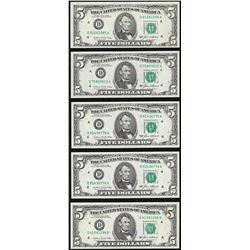 Lot of (5) 1985 $5 Federal Reserve Notes Choice Uncirculated