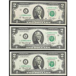 Lot of (3) Consecutive 1976 $2 Federal Reserve Notes Uncirculated