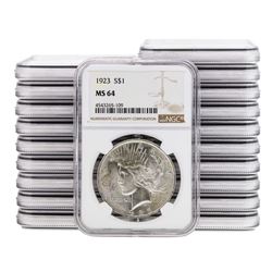 Lot of (20) 1923 $1 Peace Silver Dollar Coin NGC MS64