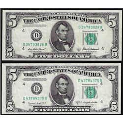 Lot of (2) 1950 $5 Federal Reserve Notes Choice Uncirculated