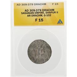 AD 309-379 Drachm Sasanian Empire Shapur II AR Drachm G-102 Coin ANACS F15
