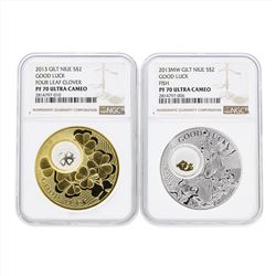 Set of (2) 2013MW Gilt Niue $2 Good Luck Silver Coins NGC PF70 Ultra Cameo