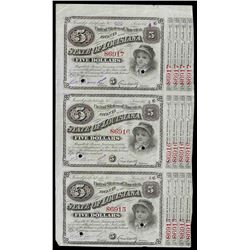 Uncut Sheet of (3) 1874 State of Louisiana Baby Bond Obsolete Notes