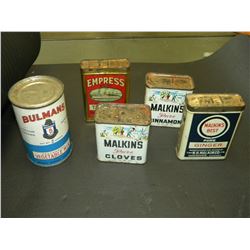 5 TIN VINTAGE SPICE CONTAINERS