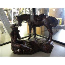 BRONZE COWBOY AND HORSE STATUE