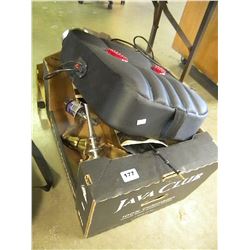 BOX OF MISC HOUSEHOLD ORNAMENTS/MASSAGER