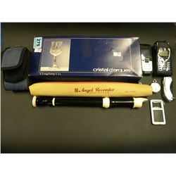 SET OF CRYSTAL GLASSES/ANGEL RECORDER IN CASE/2 CELLPHONES/ETC