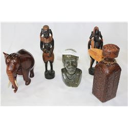 STONE BUST WOOD WARRIORS LEATHER BOTTLE AND WOOD ELEPHANT