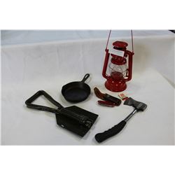 LOT OF ASSORTED CAMPING ITEMS LAMP SHOVEL ETC