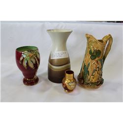 BESWICK VASE AND PITCHER AND HAND CRAFTED VASE AND MINIATURE RUBY VASE