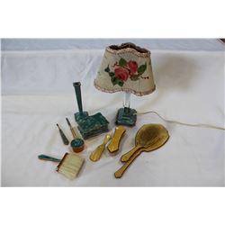Blue Marbelized Bakelite Dresser Set With Matching Lamp