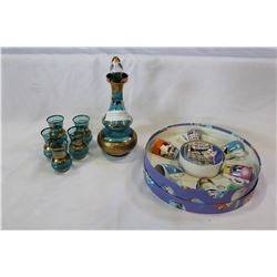 BLUE BOHEMIAN CRYSTAL DECANTER SET AND BOXED TEASET