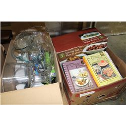 LOT OF SERVING DISHES AND BOX OF COOKBOOKS ETC (3 BOXES)