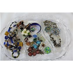 CRYSTAL SERVING DISH WITH ART GLASS AND VINTAGE JEWELLRY