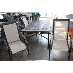 BLACK ALUMINUM PATIO TABLE AND FOUR CHAIRS