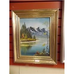 FRAMED OIL PICTURE - LAKE & MOUNTAINS
