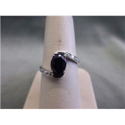 RING - RARE OVAL FACETED BLUE LOLITE & 2 DIAMONDS IN STERLING SILVER SOLITAIRE DESIGNED SETTING - RE