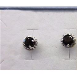 EARRINGS - ROUND FACETED BROWN SMOKEY TOPAZ & DIAMONDS IN STERLING SILVER SETTING - POST & BUTTERFLY