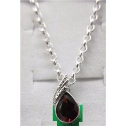 NECKLACE - 1.15CT BEZEL SET PEAR FACETED GARNET & ROUND FACETED DIAMOND IN STERLING SILVER SETTING -