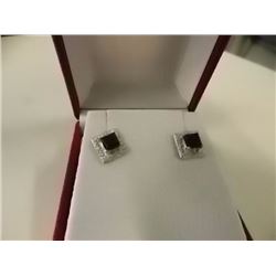 EARRINGS - NEW PRINCESS FACETED GARNET & 2 ROUND FACETED DIAMONDS IN STERLING SILVER SETTING - RETAI