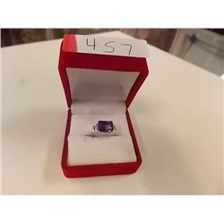 RING - 2.28CT EMERALD FACETED LAVENDAR COLOR AMETHYST & 2 DIAMONDS IN STERLING SILVER SETTING - INCL