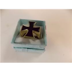 RING - MAN'S SOLID BRONZE & ENAMEL IRON CROSS RING - SIGNED BY ARTIST