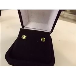 EARRINGS - SQUARE FACETED LIGHT GREEN PERIDOT IN 10K YELLOW GOLD 4 CLAW SETTING - POST & BUTTERFLY B