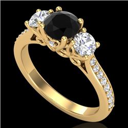 1.67 CTW Fancy Black Diamond Solitaire Art Deco 3 Stone Ring 18K Yellow Gold - REF-156N4Y - 37809