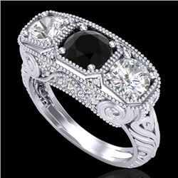 2.51 CTW Fancy Black Diamond Solitaire Art Deco 3 Stone Ring 18K White Gold - REF-309H3W - 37716