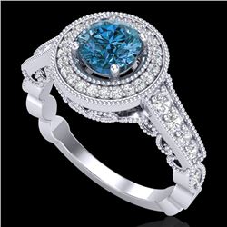 1.12 CTW Fancy Intense Blue Diamond Solitaire Art Deco Ring 18K White Gold - REF-167H3W - 37691