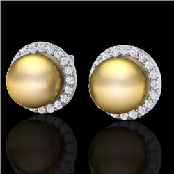 0.50 CTW Micro Pave Halo VS/SI Diamond Certifieden Pearl Earrings 18K White Gold - REF-61F3M - 21494